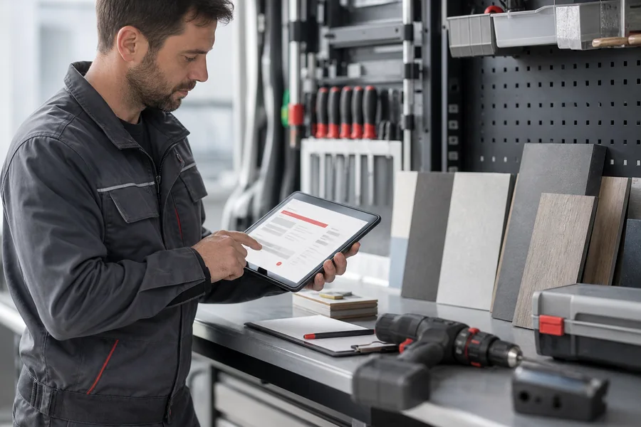 Handwerker organisiert einen Auftrag mit Tablet, Werkzeug und Material